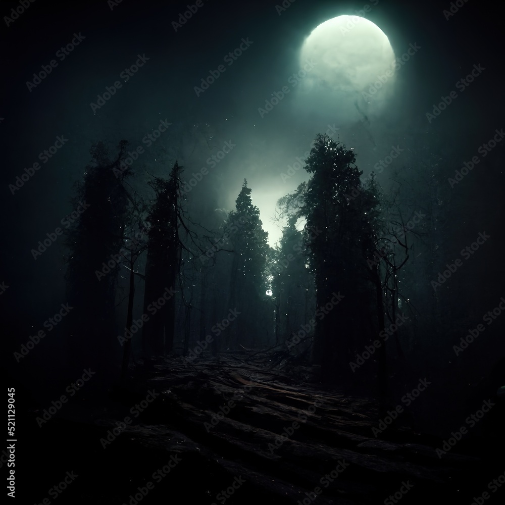 Realistic haunted forest creepy landscape at night. Fantasy Halloween forest background. Digital art.