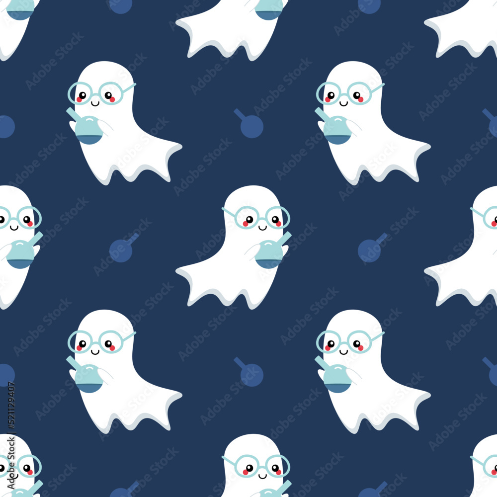 Cute cartoon style ghost scientist character with flask vector seamless pattern background for Halloween design.
Cute cartoon style ghost scientist character with flask vector seamless pattern background for Halloween design.