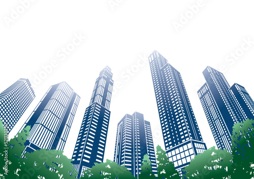 高層ビルが立ち並ぶ都市景観のイラスト.