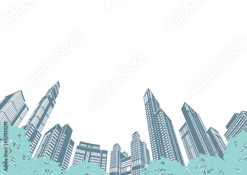 高層ビルが立ち並ぶ都市景観のイラスト.