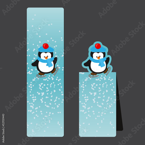 Bookmark for a book with a penguin skating. Folded postcard with cut out element
