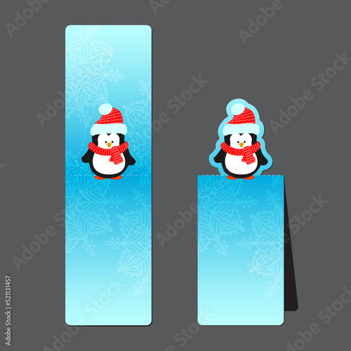 Bookmark for a book with a penguin on a winter background. Folded postcard with cut out element