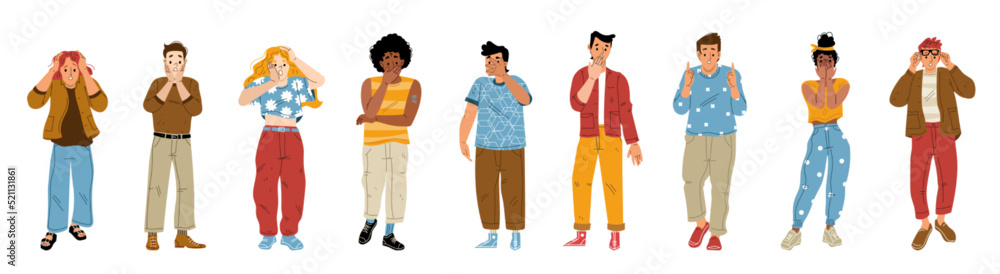 Set of young people with surprised face expressions on white background. Flat vector characters collection astonished men, women with open mouths and excited reaction. Wow effect emotions Amazing news Set of young people with surprised face expressions on white background. Flat vector characters collection astonished men, women with open mouths and excited reaction. Wow effect emotions Amazing news