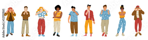 Set of young people with surprised face expressions on white background. Flat vector characters collection astonished men, women with open mouths and excited reaction. Wow effect emotions Amazing news