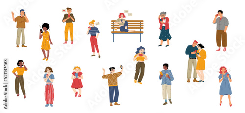 People using smartphones flat characters set. Vector adult men, women and children talking phone, texting, listening music, taking selfie, playing games isolated on white background. Gadget addiction