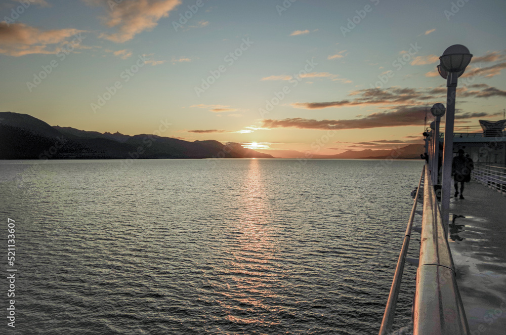 Fototapeta premium Breathtaking nature landscape sunrise sunset twilight blue hour dusk dawn nature scenery in Patagonia, South America near Ushuaia during cruise to Terra del Fuego End of the World