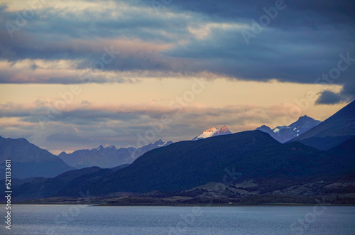 Breathtaking nature landscape sunrise sunset twilight blue hour dusk dawn nature scenery in Patagonia  South America near Ushuaia during cruise to Terra del Fuego End of the World