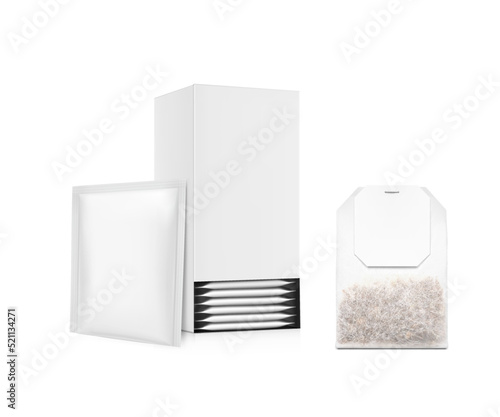 Realistic cardboard box with sachet and tea bag mockup. Perspective view. Vector illustration isolated on white background. Ready for your design. EPS10.	