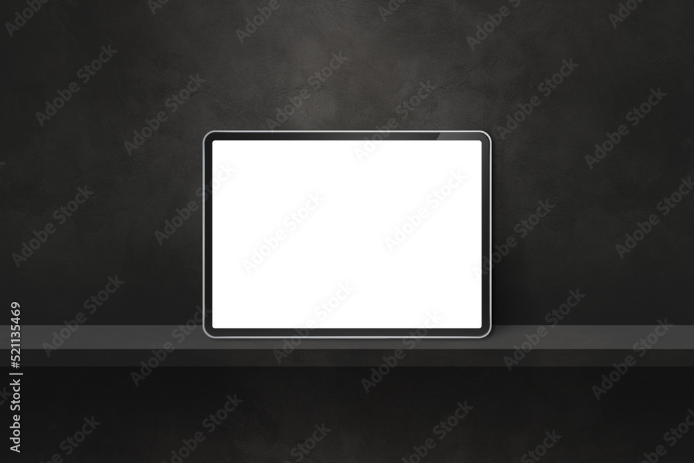 Digital tablet pc on black wall shelf. Horizontal background banner Digital tablet pc on black wall shelf. Horizontal background banner