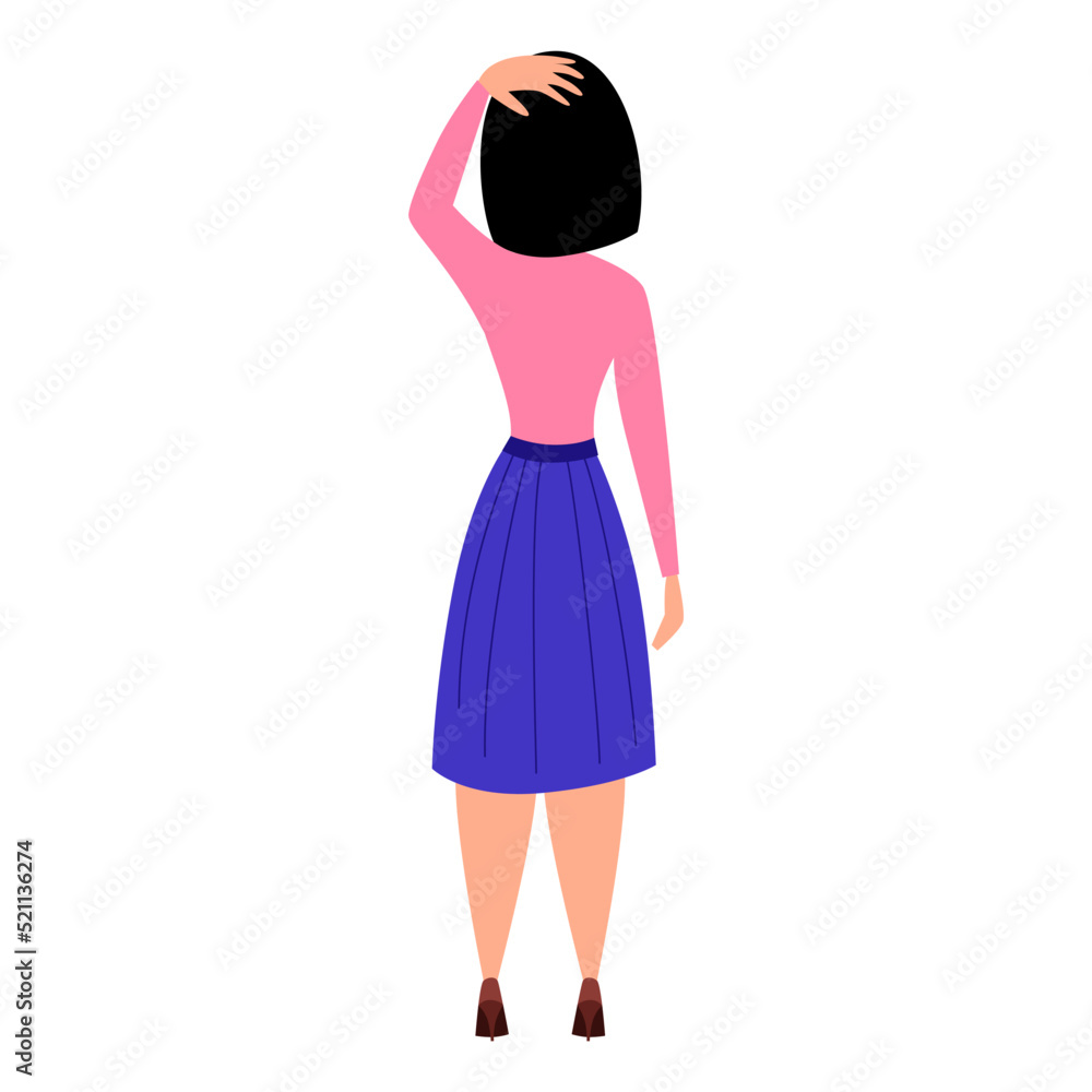 The woman thinks holding her head. View from the back. Flat character vector illustration The woman thinks holding her head. View from the back. Flat character vector illustration