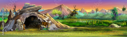 Prehistoric man house illustration