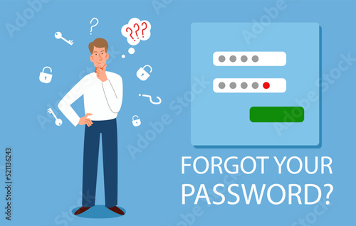 The man forgot her personal data. the concept of a web screensaver with a forgotten password, account protection, danger warning, incorrect password. Vector illustration in a flat style.