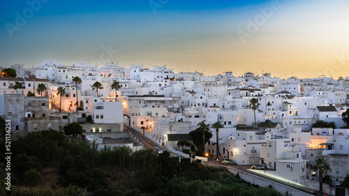 Beautiful Andalusian Pueblo Blanco (white village) at sunset. Vejer de la Frontera is one of the most beautiful Pueblos Blancos in Cádiz province, Andalusia, Spain.