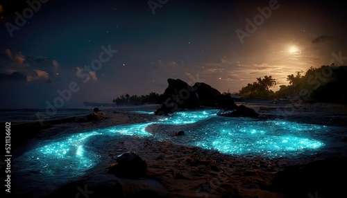 Beautiful landscape of a bioluminescence beach glowing under a night sky, low light photo