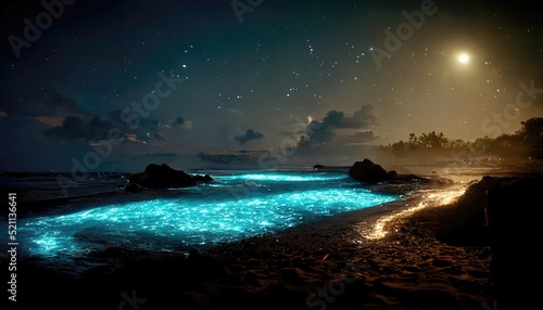 Beautiful landscape of a bioluminescence beach glowing under a night sky, low light photo