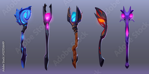 Magic staffs cartoon illustration set. Ancient crooked wooden stick with glowing colorful gems on top vector image. Wizard or witch sticks with light symbolizing wisdom, evil power, mystical abilities