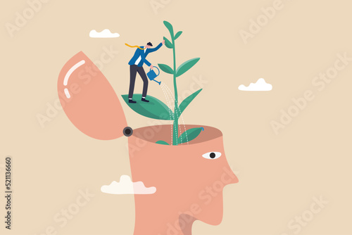 Self improvement, personal development or growth mindset, motivation to grow and achieve career success, learning new skill or knowledge concept, businessman watering plant growing from his self head.
