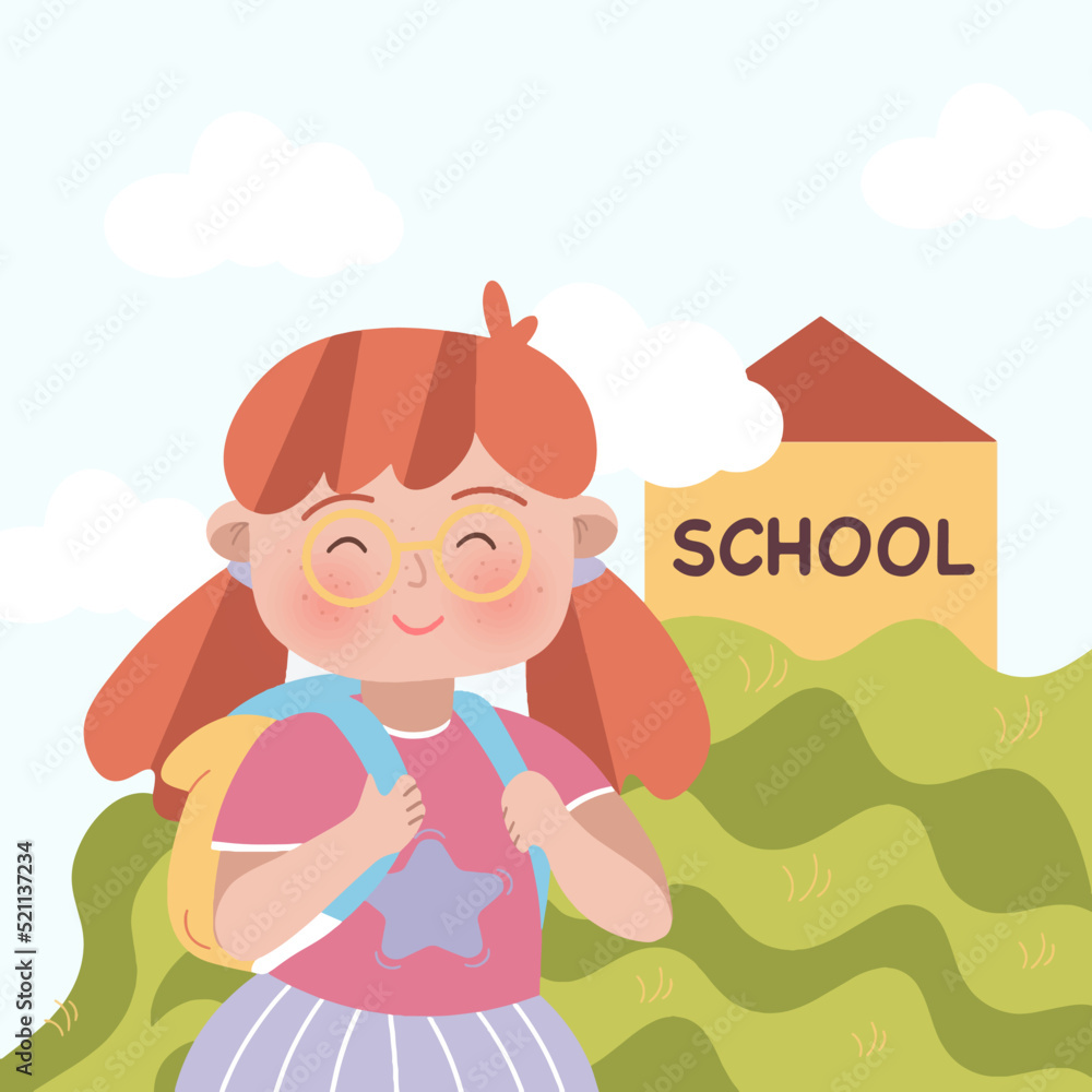 a girl with red hair stands against the background of the school flat illustration