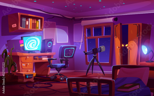 Night bedroom interior with computer, telescope, bookshelf, plant and monster eyes in cupboard. Home cabinet, student, teenager or freelancer workplace, house room with bed Cartoon vector illustration