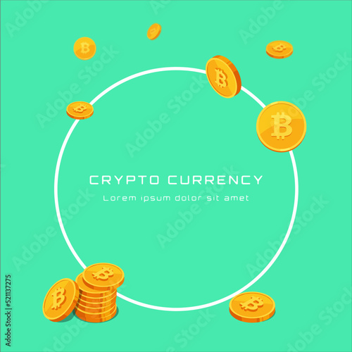 inscription cryptocurrency in a round frame and bitcoin coins in isometric style