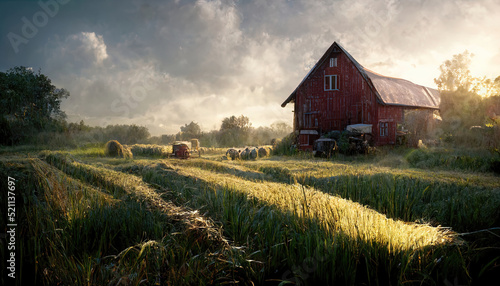 Foto Beautiful landscape scene of a farm red barn next to fields of wheat