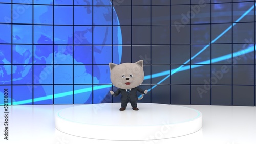 ステージの上で話すスーツを着た猫
