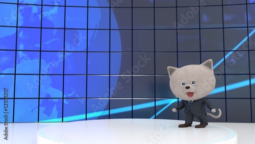 スタジオで解説する猫のニュースキャスター
