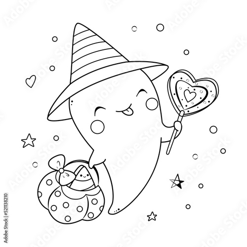 Kawaii ghost for Halloween coloring page. Outline cartoon vector illustration