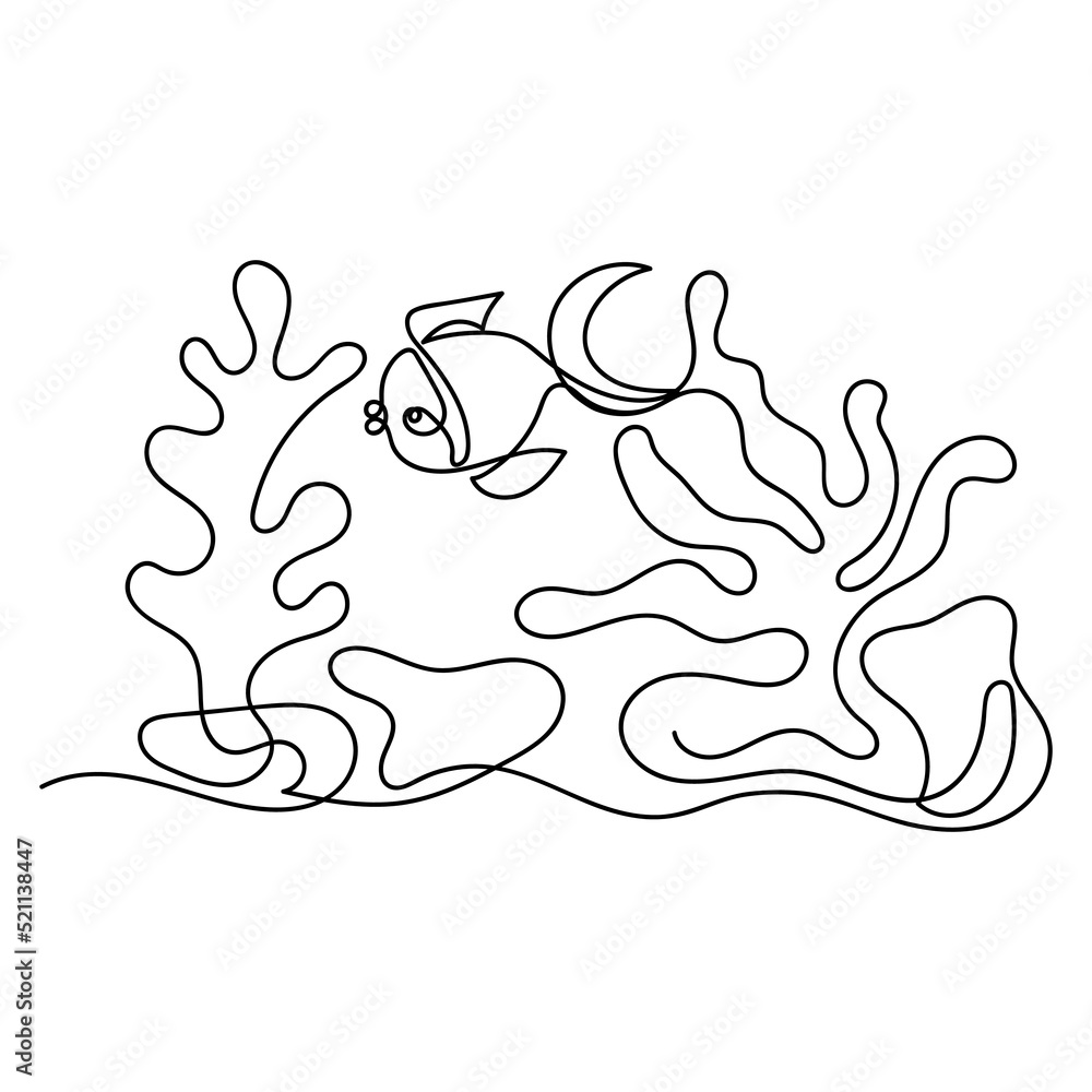 Continuous line drawing, fish and plants. Sketch on white background. Hand drawn vector style.