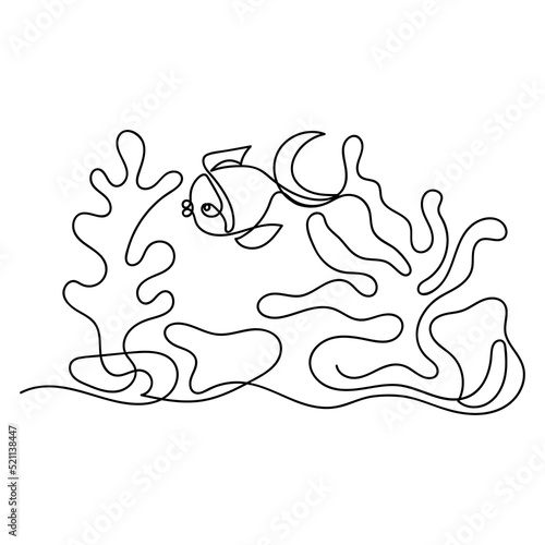 Continuous line drawing, fish and plants. Sketch on white background. Hand drawn vector style.