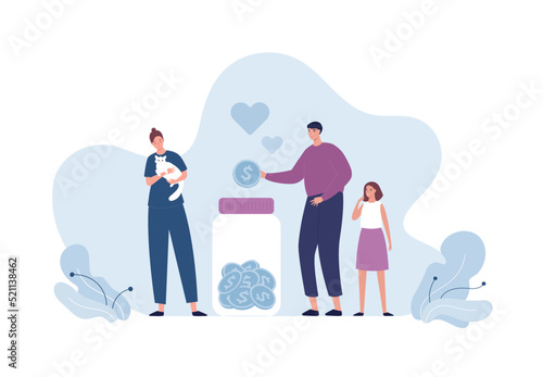 Pet shelter care and donation concept. Vector flat people illustration. Woman volunteer hug cat from shelter. Man with girl drop money coin. Animal carrier, heart love and frienship symbol.