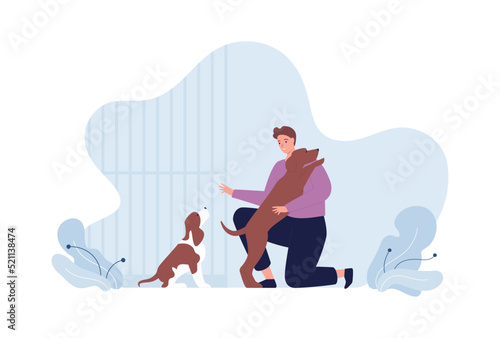 Pet shelter care and volunteering concept. Vector flat people illustration. Man volunteer hug dog in shelter. Animal cage, puppy and friendship symbol.