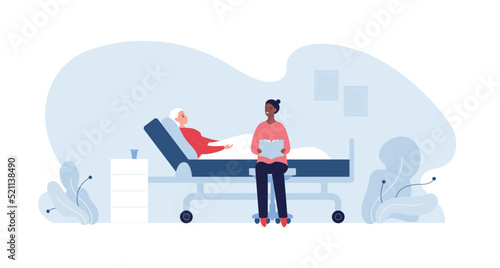 Healthcare volunteering and caregiving concept. Vector flat people illustration. African caregiver volunteer read for disabled woman patient in medical bed. Design for hospital care service.