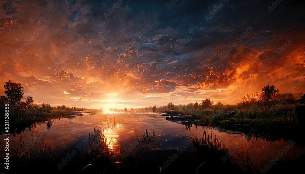 Beautiful landscape of a sunset scene over a lake