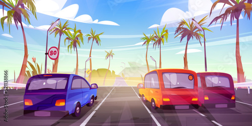 Cars driving road with palms and sunny tropical landscape. Cartoon vector illustration of four lane speed highway, autos riding straight under blue sky, traffic signs on light poles. Vacation travel