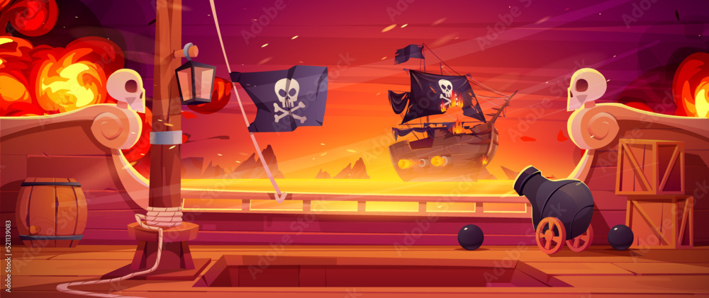 Fototapeta premium Pirate ship battle, wooden brigantine boat deck onboard view with cannon fire to enemy frigate with black jolly roger flag on seascape background, game scene of battleship, Cartoon vector illustration