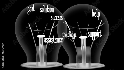 Light bulbs going from dark to light with Best Service, Solution, Help, Business and Customer fiber text on black background. High quality 4k video.