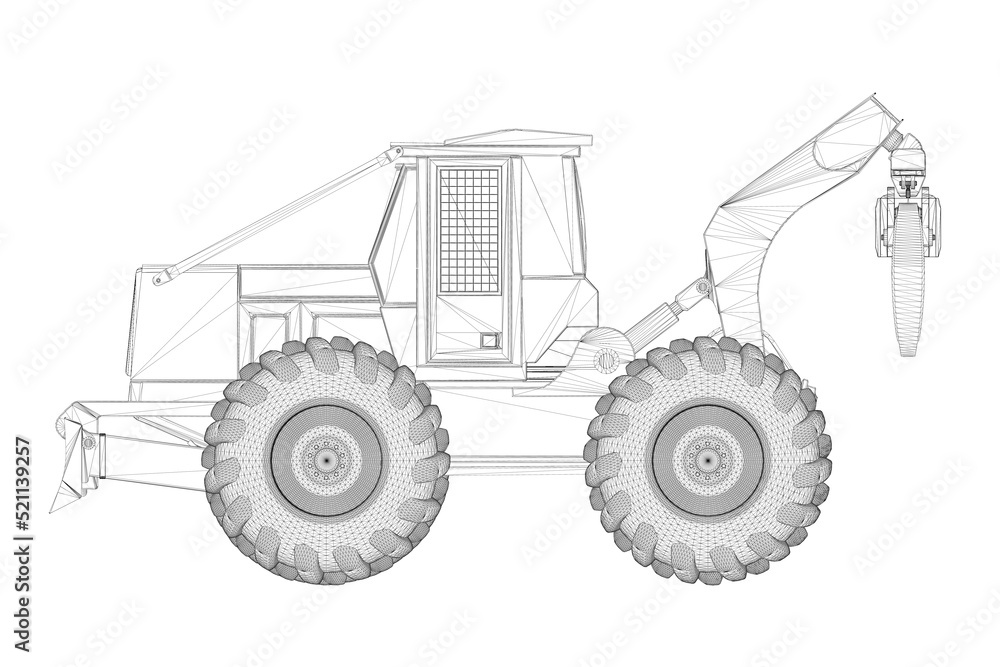 Wireframe of an industrial grader tractor with tongs for lifting cargo from black lines isolated on a white background. Side view. 3D. Vector illustration.
