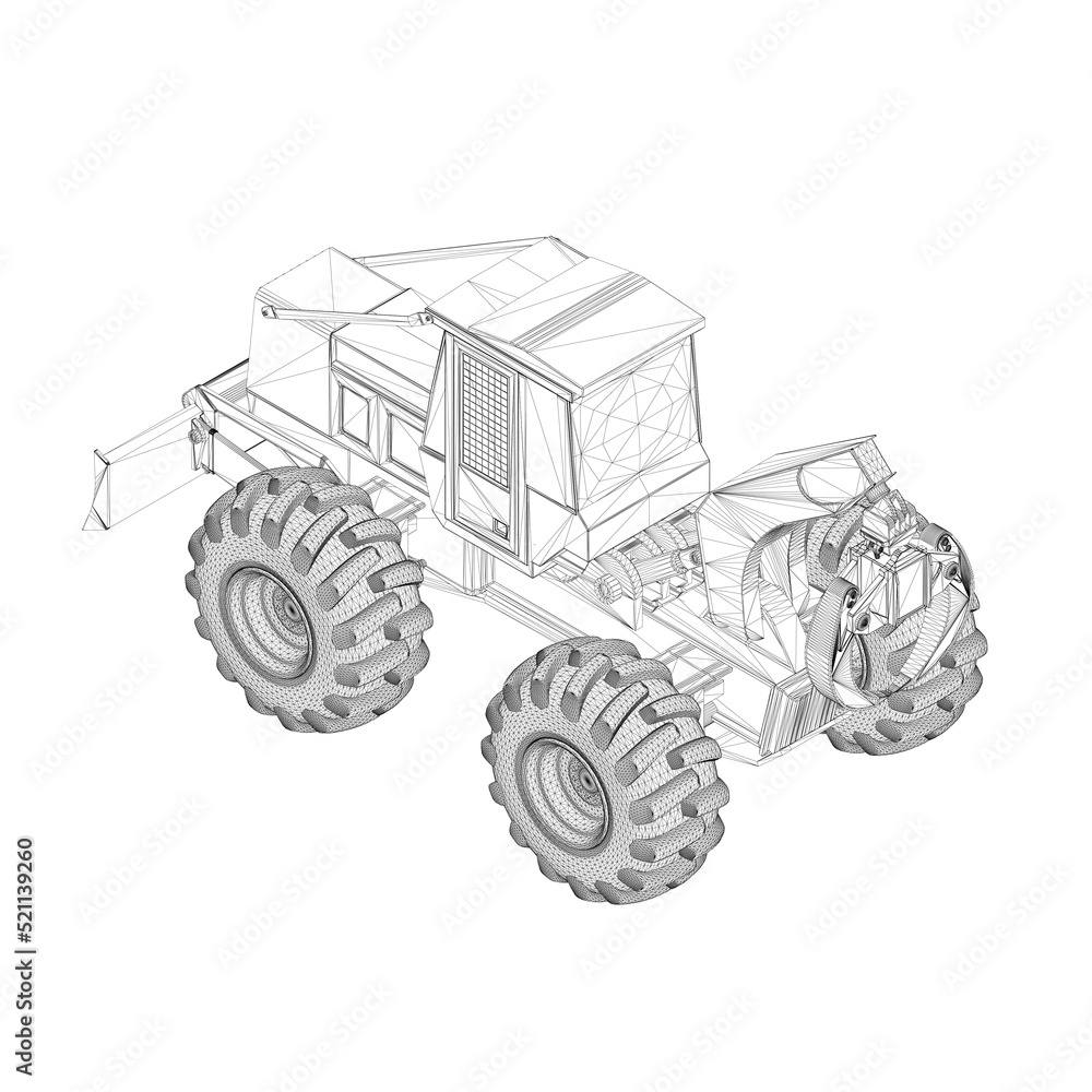 Wireframe of an industrial grader tractor with tongs for lifting cargo from black lines isolated on a white background. Isometric view. 3D. Vector illustration.
