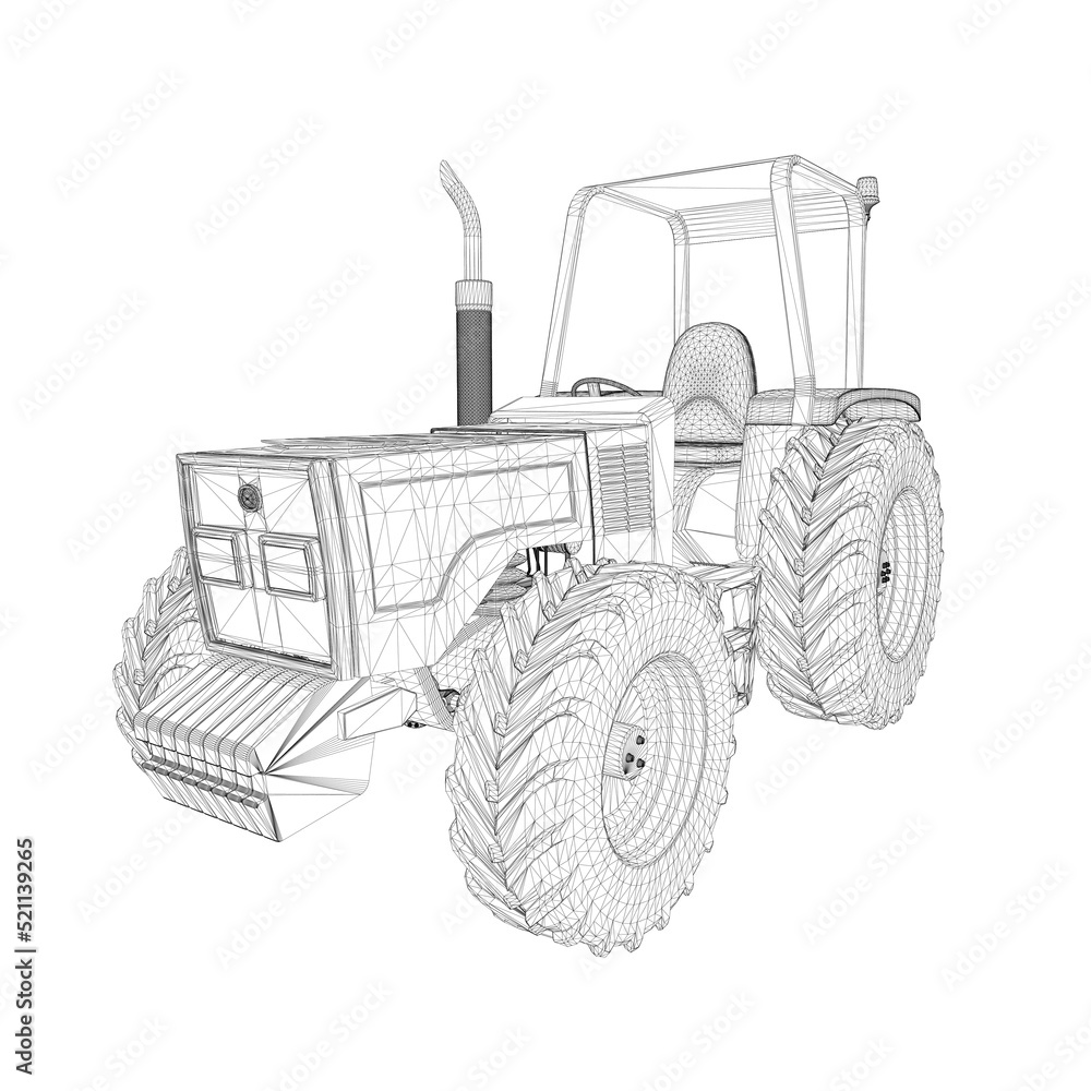 Wireframe of an industrial tractor from black lines isolated on a white background. Perspective view. 3D. Vector illustration.