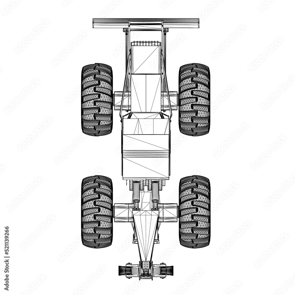 Wireframe of an industrial grader tractor with tongs for lifting cargo from black lines isolated on a white background. View from above. 3D. Vector illustration.