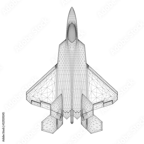 Combat fighter jet wireframe from black lines isolated on white background. View from above. 3D. Vector illustration.