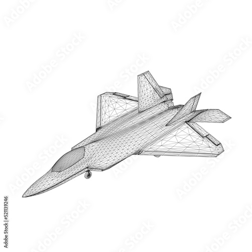 Combat fighter jet wireframe from black lines isolated on white background. Isometric view. 3D. Vector illustration.
