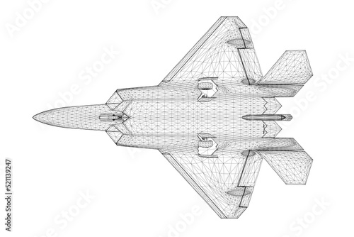 Combat fighter jet wireframe from black lines isolated on white background. Bottom view. 3D. Vector illustration.