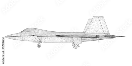 Combat fighter jet wireframe from black lines isolated on white background. Side view. 3D. Vector illustration.