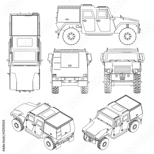 Set with contours of a combat jeep from black lines isolated on a white background. Isometric view, side, front, back, top. 3D. Vector illustration.