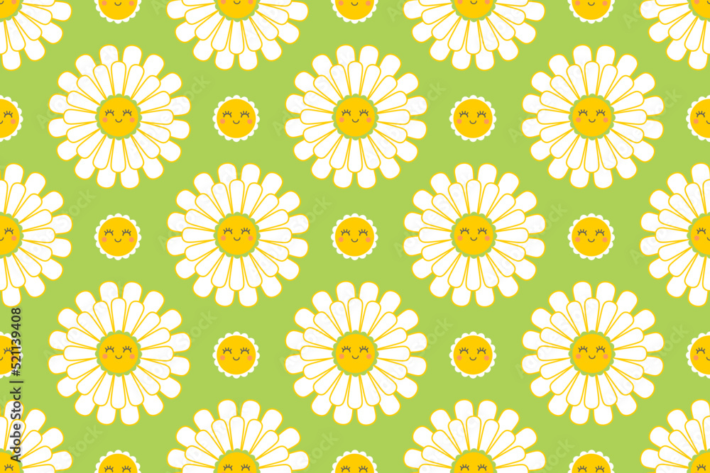 Cute smiling daisy flower seamless pattern. Chamomile with happy emotion.illustration for nature design. Vector cartoon background. 