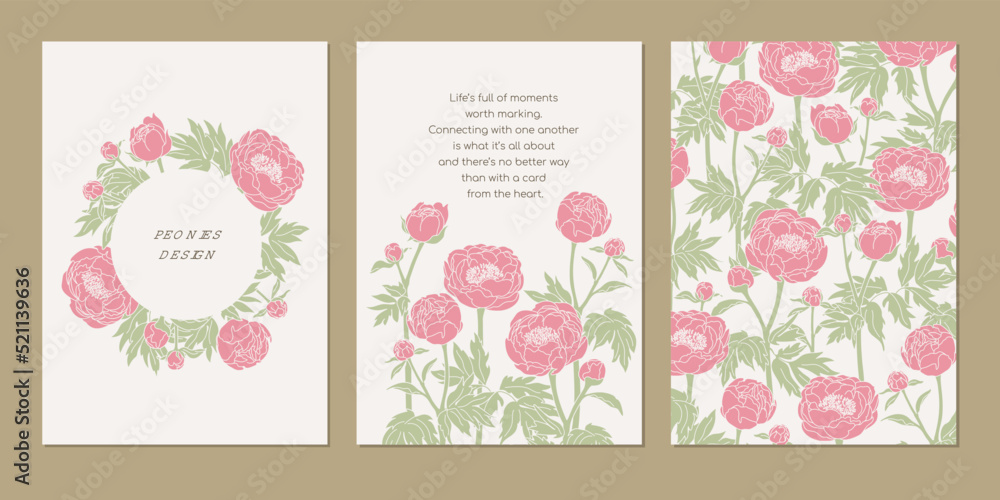 Flowers peony greeting card template in minimal line art style. Cover, seamless background, frame. Vector illustration