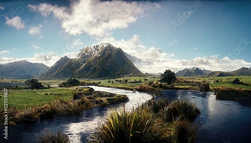 Beautiful landscape of New Zealand, mountains and river photo