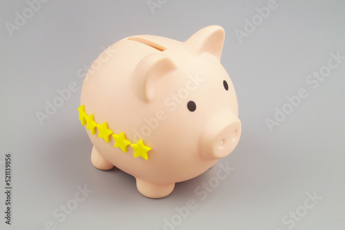 Piggy bank with 5 yellow rating stars on gray background close-up.
